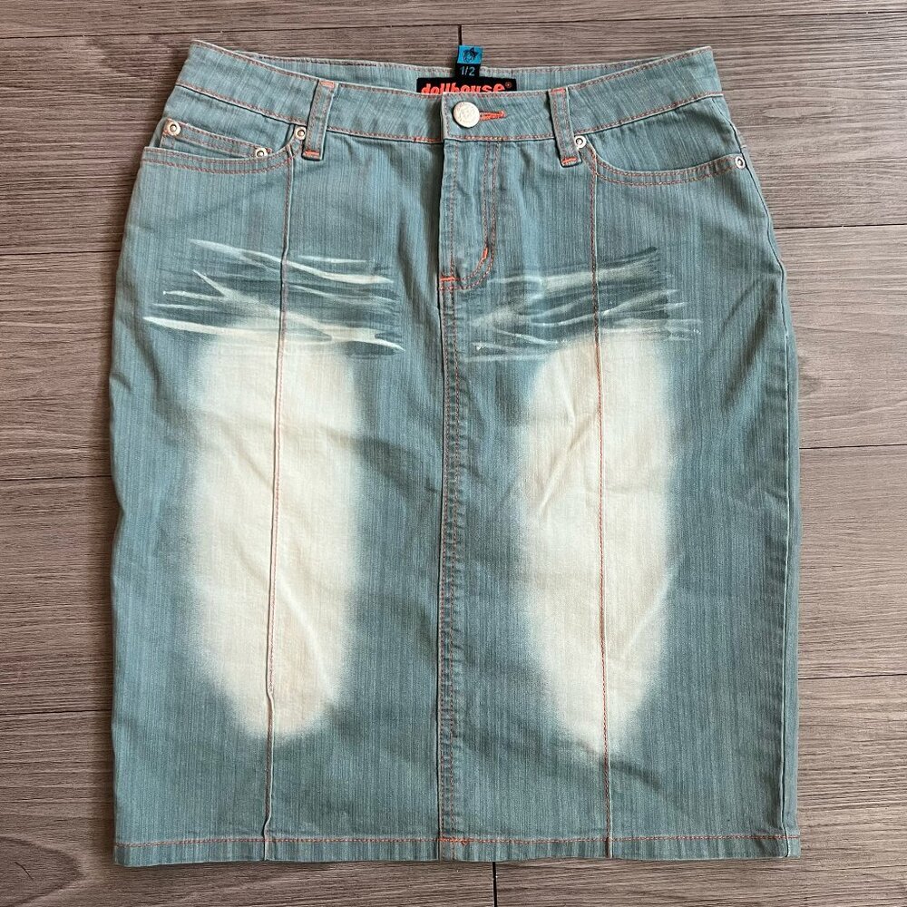 Vintage 00s Y2K Dollhouse Faded Acid Wash Denim Mini Skirt Low Rise Size 2